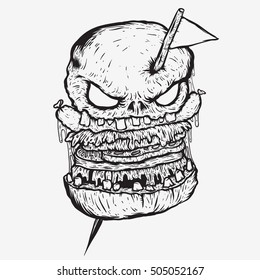 burger monster hand drawing for t-shirt black and white hand drawing