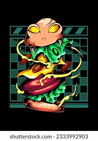 burger monster illustration, food monster vector design. Perfect for print on t-shirts, hoodies, apparel, garments, stickers.