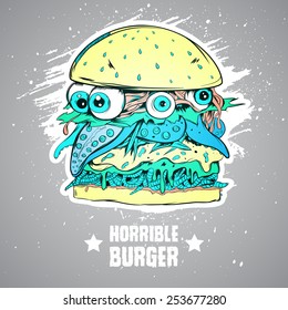 Burger - a monster. Illustration for printing on a T-shirt.