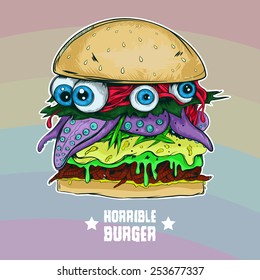 Burger - a monster. Illustration for printing on a T-shirt.