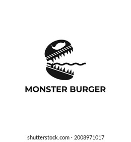 Burger monster logo. Hamburger restaurant design, flat design, big burger in the shape of a monster on a white background.