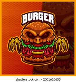 The Burger Monster mascot esport logo design illustrations vector template, cheeseburger logo for team game streamer, full color cartoon style