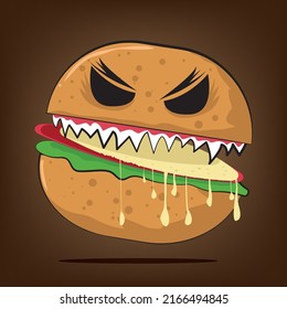 ilustración vectorial del monstruo de la hamburguesa, concepto de diseño de comida chatarra