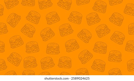 Burger motif background. Hand drawn cheeseburger seamless pattern. Hamburger packaging, wrapper, wallpaper