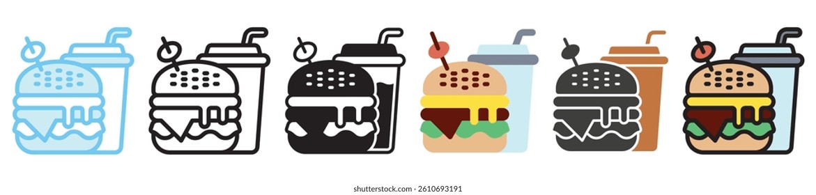 Burger multi style, mini illustration icon set. outline, flat, glyph, line color, UI, UX, app and web, digital or print. vector EPS 10 related to street food, food festival.