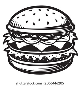 La hamburguesa es un plato caliente de varias capas que consiste en una chuleta entre un bollo cortado por la mitad con la adición de queso, tomate y lechuga. Ilustración vectorial.