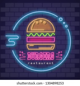 Burger Neon Emblem. Vector Illustration.