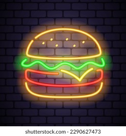 Burger neon icon on dark brick background. Editable stroke and blend. Vector illustration.