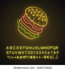 Burger neon light icon. Fast food cafe, restaurant menu. Hamburger, cheeseburger, vegan burger. Quick meal. Sesame bun. Glowing sign with alphabet, numbers and symbols. Vector isolated illustration