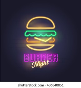 Burger neon sign, bright signboard, light banner. Burger logo, emblem