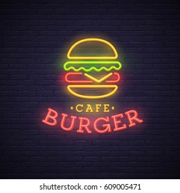 Burger neon sign, bright signboard, light banner. Burger logo, emblem