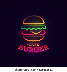 Burger neon sign, bright signboard, light banner. Burger logo, emblem