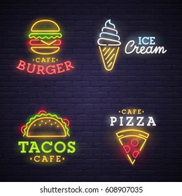 Burger neon sign. Ice cream, Tacos and Pizza neon sign, bright signboard, light banner. Logo, label, emblem.