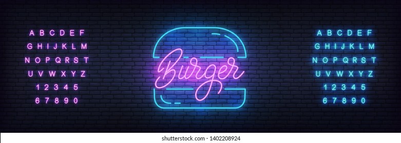 Burger Neon Template. Glowing Lettering Burger Sign For Bar, Cafe, Fastfood.