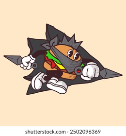 Burger Ninja Mascot Vintage and Retro Illustration