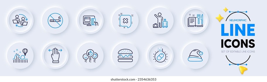 Iconos de la línea Burger, No fumar y Santa hat para la aplicación web. Paquete de Rechazo, pago en línea, íconos del pictograma del libro de recetas. Traslado al aeropuerto, montaña rusa, señales del proceso de trabajo en equipo. Como. Vector