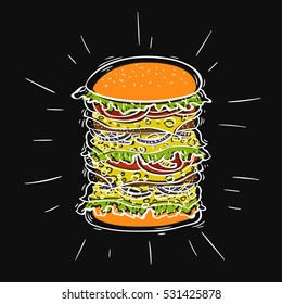 Burger on black background, vector