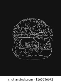 Burger on dark background, black and white vector illustration