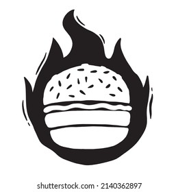 Burger on fire, hand drawn illustration with flames.