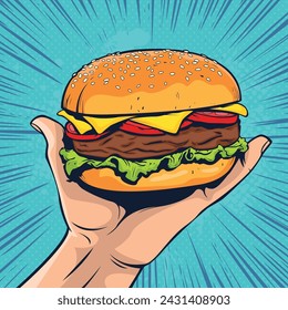 Burger on hand. Fast food vector illustration in pop art retro comic style.