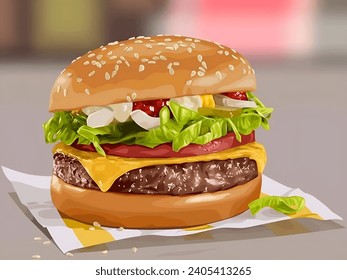 burger on a napkin, with blurred background.