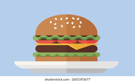 Burger on plate with cheese burger side view and vegetable burger with lattuce leaf in 3 layered big burger and fast food of sausage big burgers.