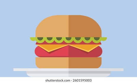Burger on plate with cheese burger side view and vegetable with lattuce leaf in 3 layered big burger and fast food of sausage big burger.