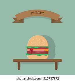burger on shelf with label,flat design