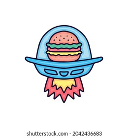 burger on spaceship cartoon, illustration for stickers and t shirt.