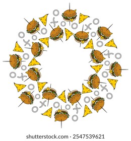 Burger on stick Chees, onion, salad leaves, sesame bun Circle frame border. Fast food Day Template