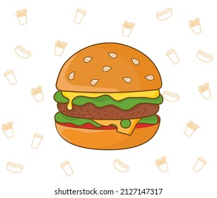 Hamburguesa de fondo blanco. Afiche o pancarta elegante para cafés o restaurantes. Comida rápida y comida chatarra pero deliciosa, cocina americana tradicional, logotipo. Dibujo vectorial plano de dibujos animados