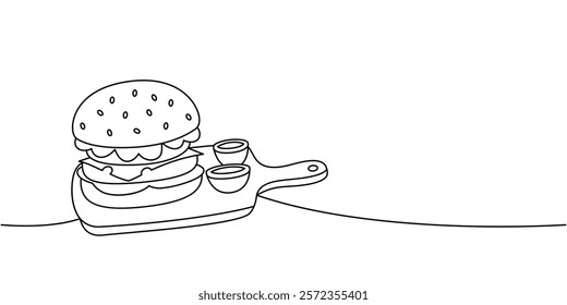 Burger on wooden board one line continuous drawing. Traditional American fast food. Vector illustration.