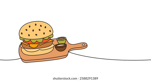 Burger on wooden board one line colored continuous drawing. Traditional American fast food.