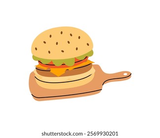 Burger on wooden board. Traditional American fast food. Vector illustration.