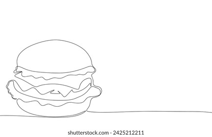 Burger one line continuous line. Line art cheeseburger outline banner in minimal style. Hand drawn vector art.