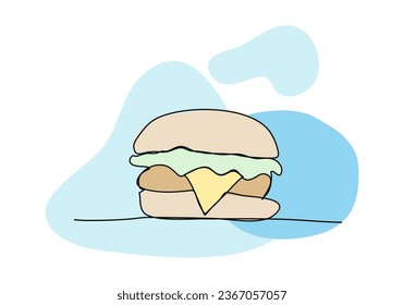 Burger one line drawing colored with pastel colors, vector illustration.