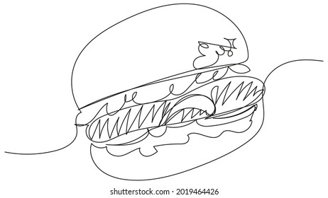 Burger una línea sobre un fondo blanco. Ilustración vectorial de la comida rápida. Sándwich con cuchara, ensalada, ketchup, mayonesa.