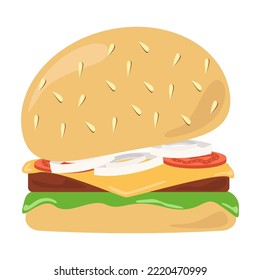 Burger with onion, salad, tomato, cheese and cutlet vector illustration design isolated