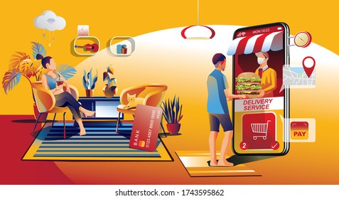 Burger, Online Order, Home Food Delivery Concept. Man And Woman Standing With Smartphone Pizza Boxes. Staying At Home, Fast Delivery Service, Order Takeout Or Food At Home, Electronic Online Payment