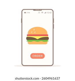 Burger online ordering app on smartphone screen vector isolated illustration.