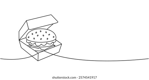 Burger with open cardboard box one line continuous drawing. Traditional American fast food. Vector illustration.