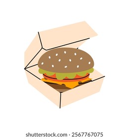 Burger with open cardboard box. Traditional American fast food. Vector illustration.