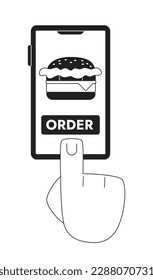 Burger order mobile app monochrome concept vector spot illustration. Editable 2D flat bw cartoon first view hand for web UI design. Fast food creative linear hero image for landings, mobile headers