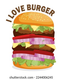 Burger ordered on the fast food menu. Hamburger with cutlet, tomatoes and onion. Logo icon vector illustration design.