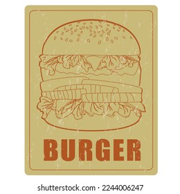 Hamburguesa pedida en el menú de comida rápida. Hamburguesa con chuleta, tomates y cebolla. Estilo vintage de diseño de ilustración vectorial de icono de logotipo.