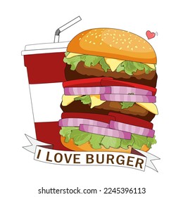 Burger ordered on the fast food menu with drink cup of water. Hamburger with cutlet, tomatoes and onion. Logo icon vector illustration design.