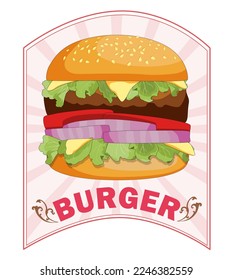 Burger ordered on the fast food menu. Hamburger with cutlet, tomatoes and onion. Logo icon vector illustration design.