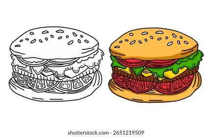 Burger-Umriss und farbiger Vektorsatz. Burger-Symbol, Logo, Umriss einzeln auf weißem Hintergrund