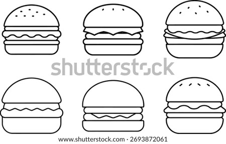 Burger Outline Icons Set Fast Food Hamburger Vector Illustration