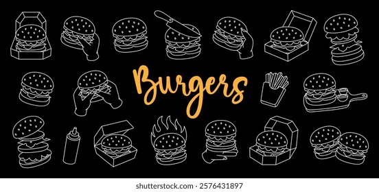 Burger outline set. Beef burger, hamburger, veggie burger, cheeseburger. Takeaway snack. Vector illustration.